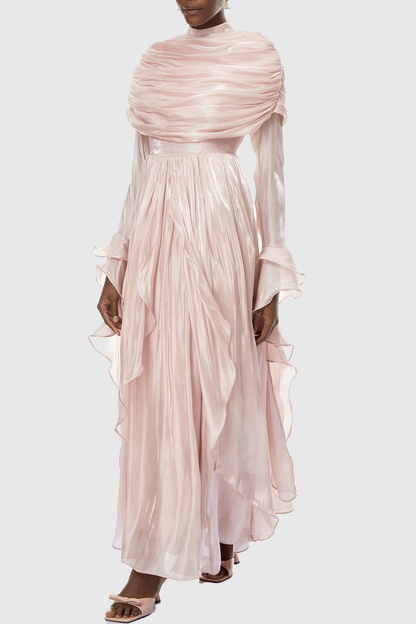 Kruzo Ruched Cape Ruffle Maxi Dress - Pink