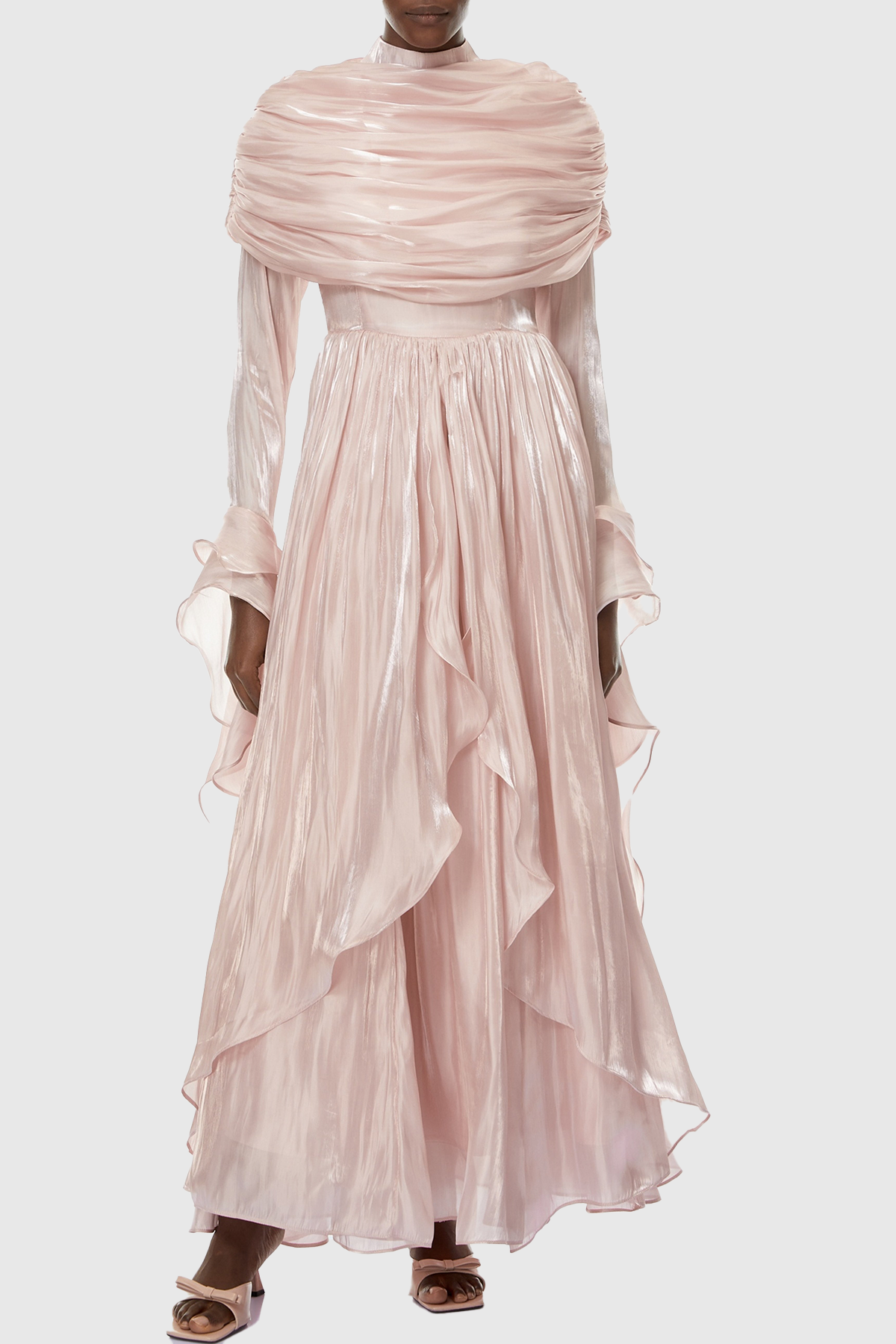 Kruzo Ruched Cape Ruffle Maxi Dress - Pink
