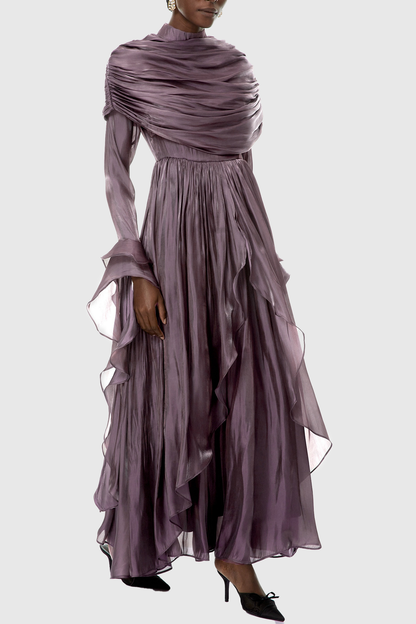 Kruzo Ruched Cape Ruffle Maxi Dress - Purple