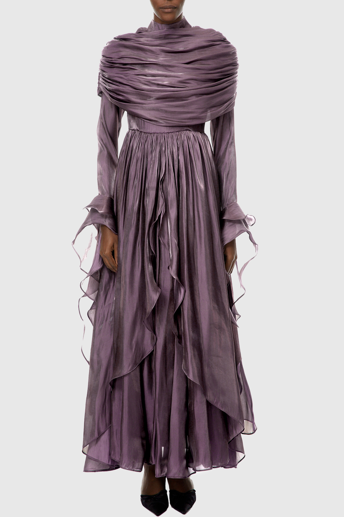 Kruzo Ruched Cape Ruffle Maxi Dress - Purple