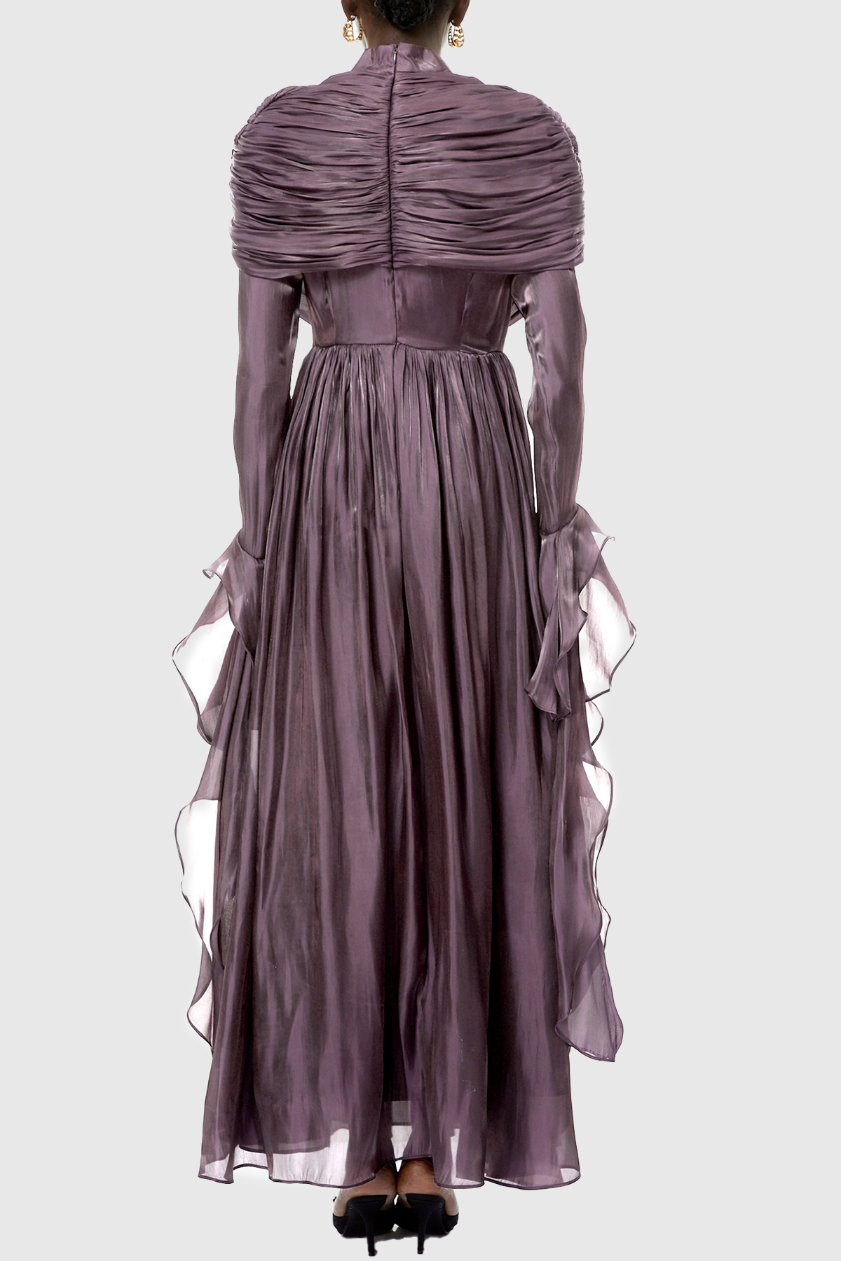 Kruzo Ruched Cape Ruffle Maxi Dress - Purple
