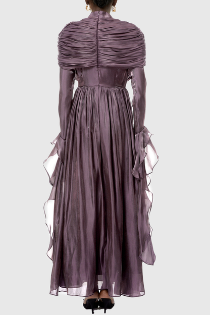 Kruzo Ruched Cape Ruffle Maxi Dress - Purple
