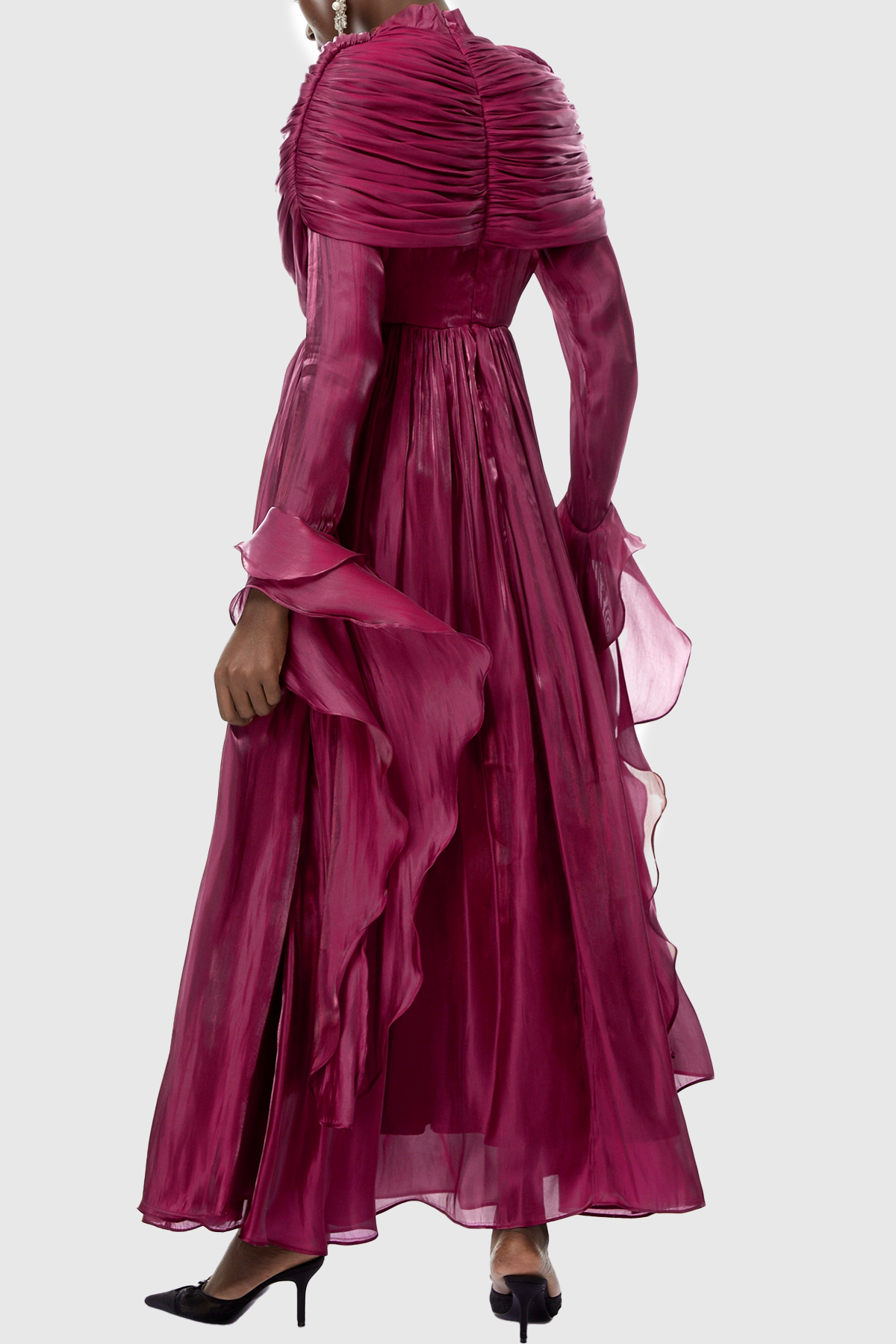 Kruzo Ruched Cape Ruffle Maxi Dress - Wine