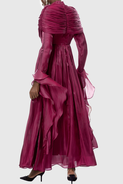 Kruzo Ruched Cape Ruffle Maxi Dress - Wine