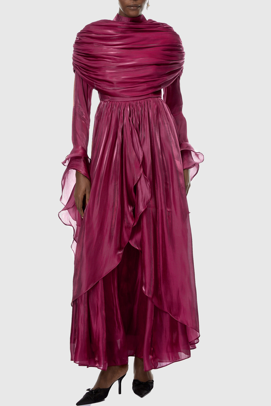 Kruzo Ruched Cape Ruffle Maxi Dress - Wine