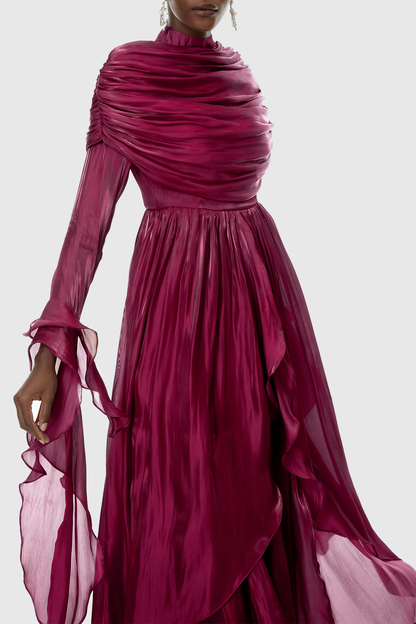 Kruzo Ruched Cape Ruffle Maxi Dress - Wine