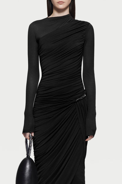Kylian Asymmetric Ruched Maxi Dress - Black