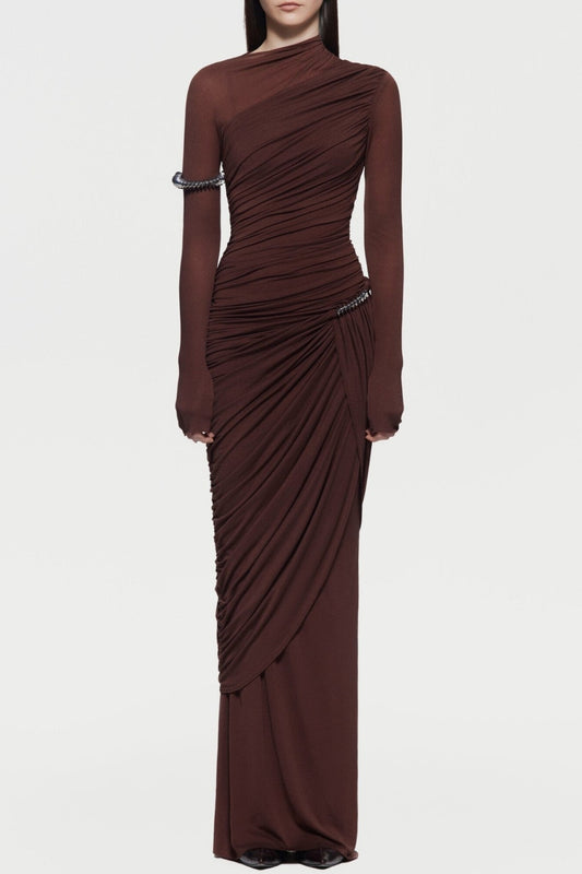 Kylian Asymmetric Ruched Maxi Dress - Brown