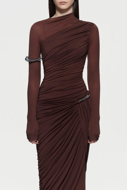 Kylian Asymmetric Ruched Maxi Dress - Brown