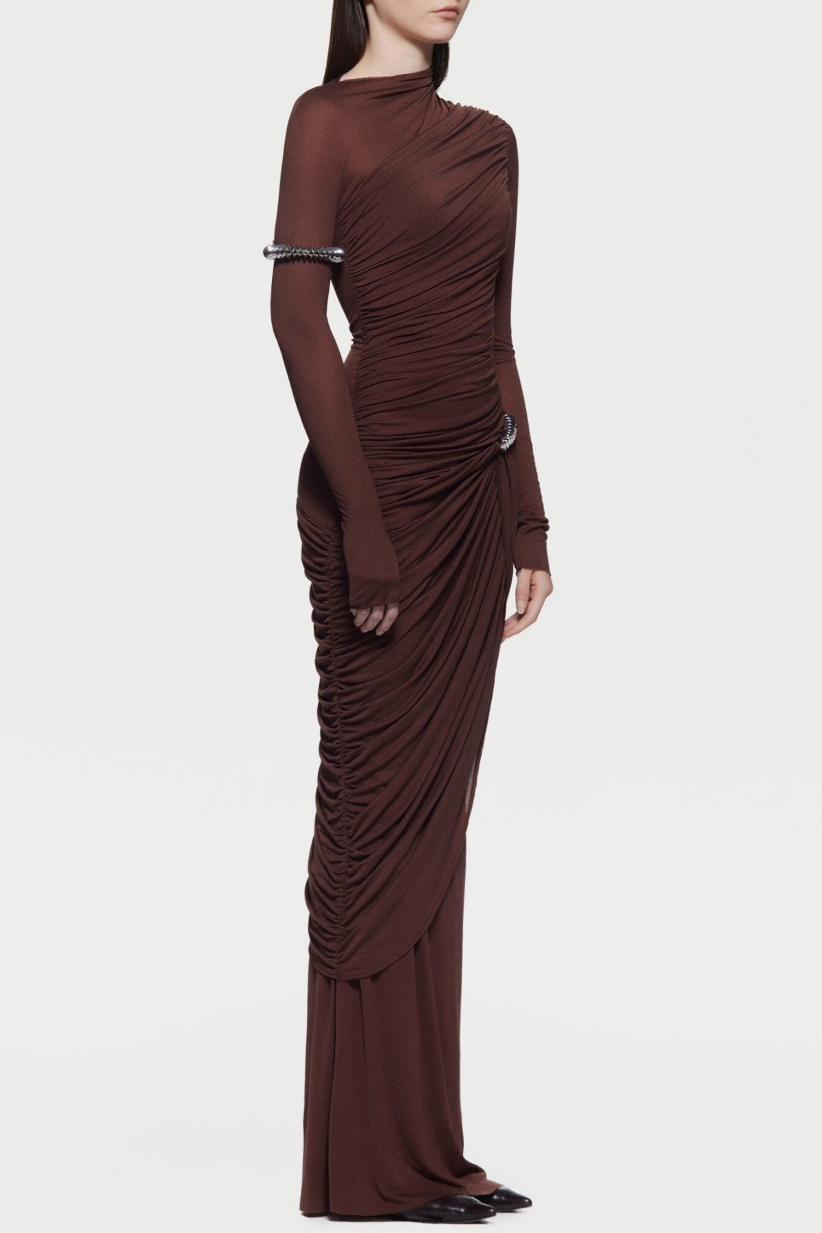 Kylian Asymmetric Ruched Maxi Dress - Brown