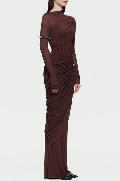 Kylian Asymmetric Ruched Maxi Dress - Brown