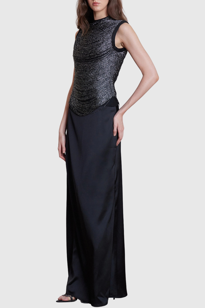 Laikla Fringe Sleeveless Top & Satin Skirt Set - Black