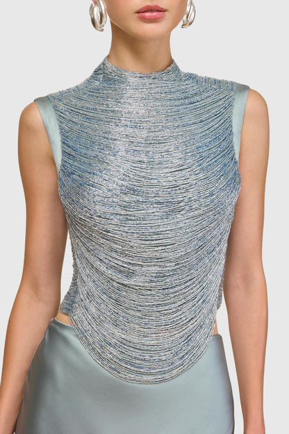 Laikla Fringe Sleeveless Top & Satin Skirt Set - Blue