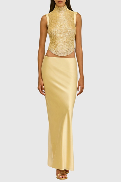 Laikla Fringe Sleeveless Top & Satin Skirt Set - Yellow