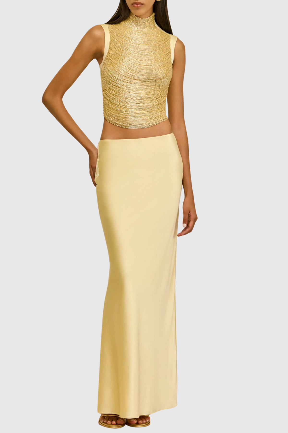 Laikla Fringe Sleeveless Top & Satin Skirt Set - Yellow