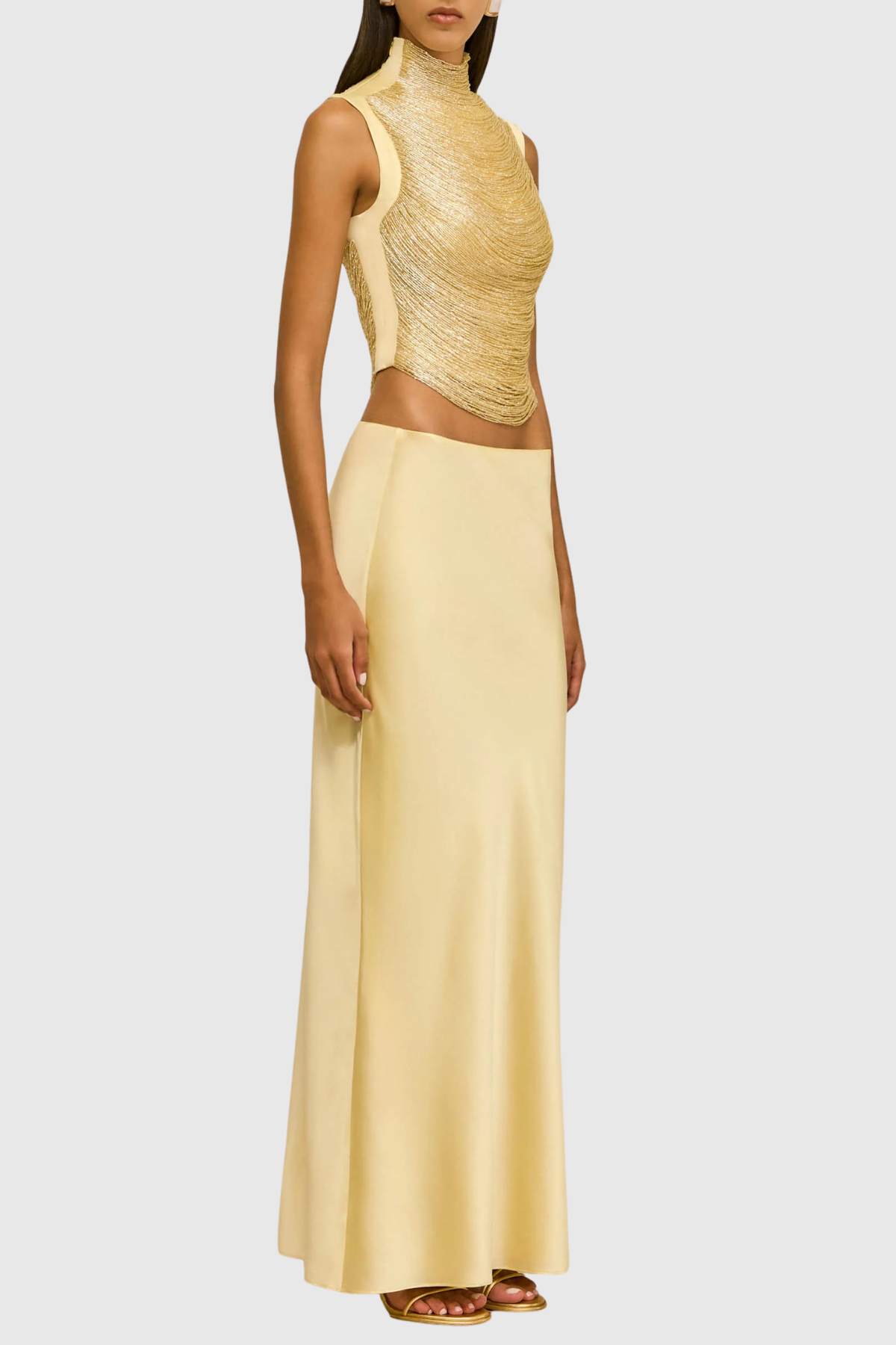 Laikla Fringe Sleeveless Top & Satin Skirt Set - Yellow
