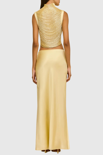 Laikla Fringe Sleeveless Top & Satin Skirt Set - Yellow