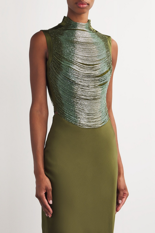 Laikla Fringe Sleeveless Top & Satin Skirt Set - Green