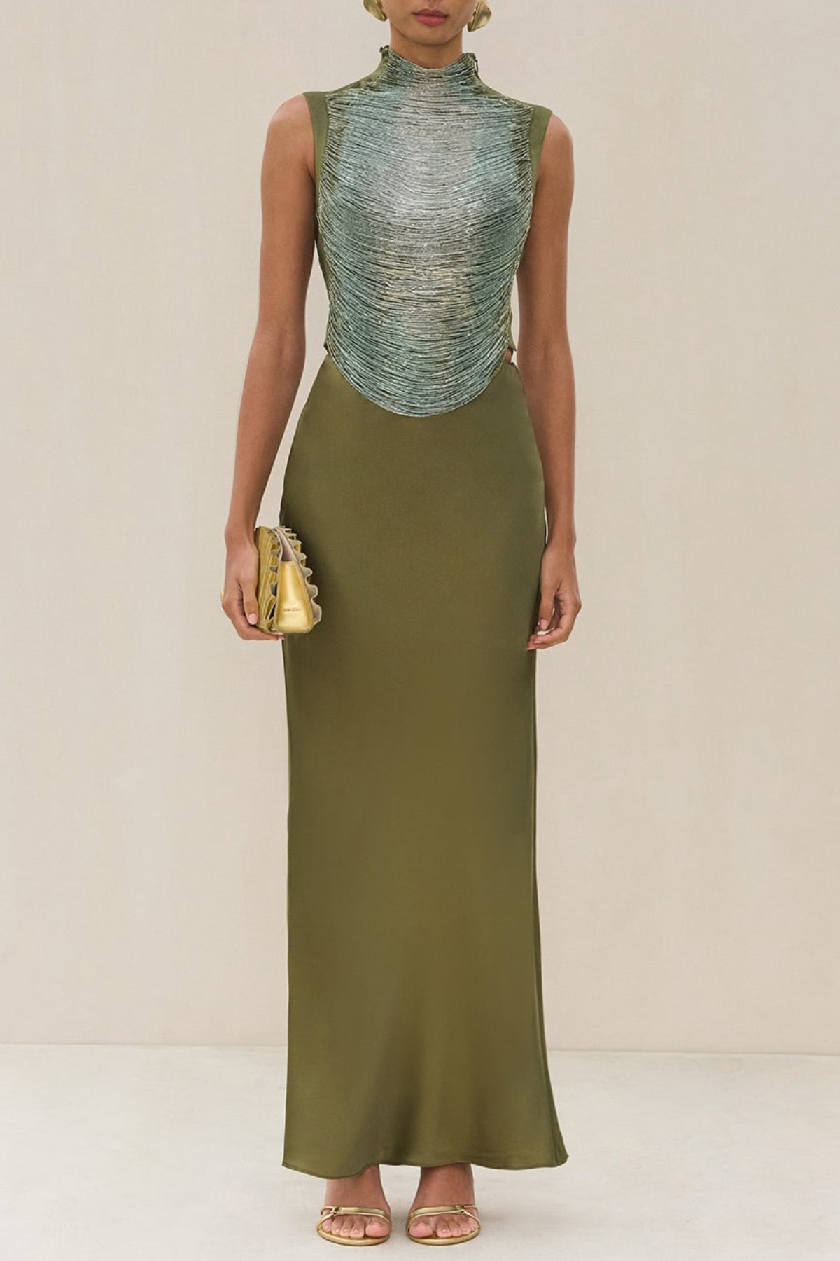 Laikla Fringe Sleeveless Top & Satin Skirt Set - Green
