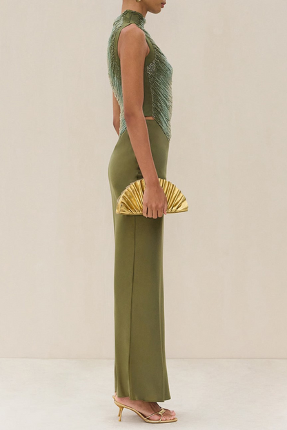 Laikla Fringe Sleeveless Top & Satin Skirt Set - Green