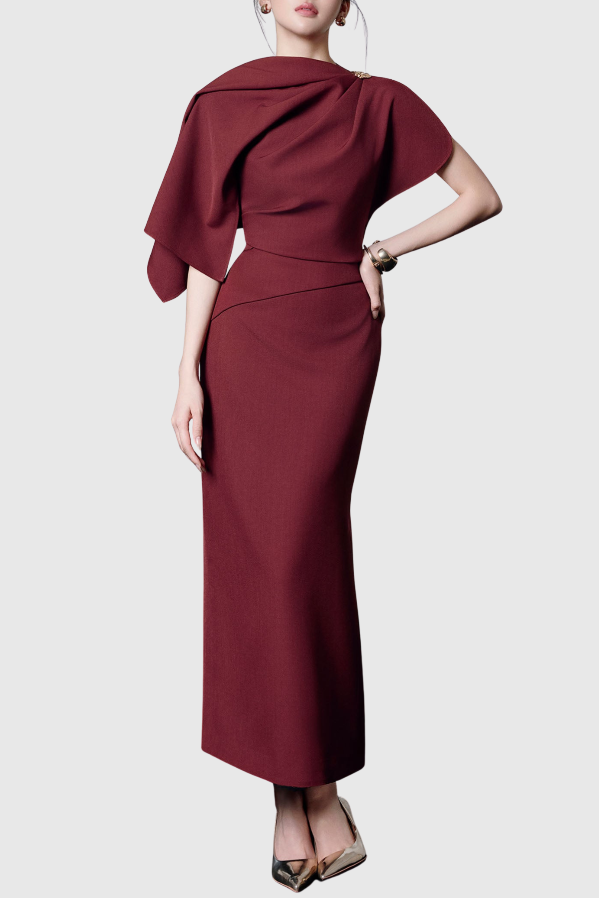 Lajoa Asymmetric Sleeve Draped Maxi Dress