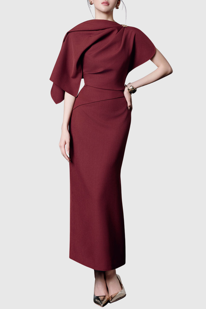 Lajoa Asymmetric Sleeve Draped Maxi Dress