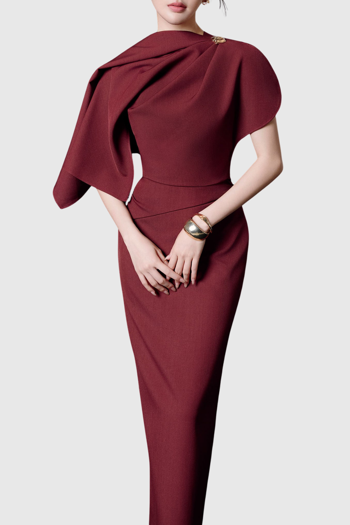 Lajoa Asymmetric Sleeve Draped Maxi Dress