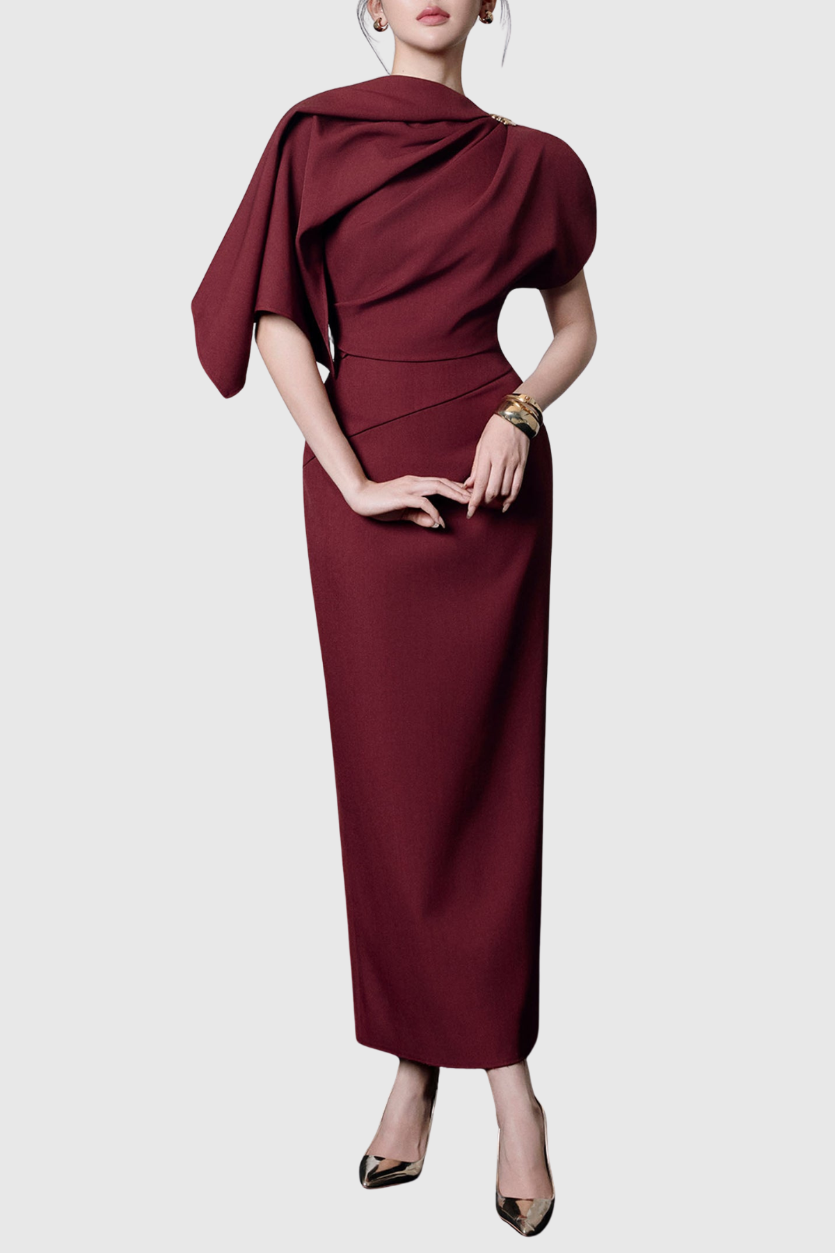 Lajoa Asymmetric Sleeve Draped Maxi Dress