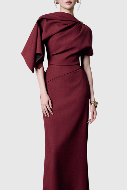 Lajoa Asymmetric Sleeve Draped Maxi Dress