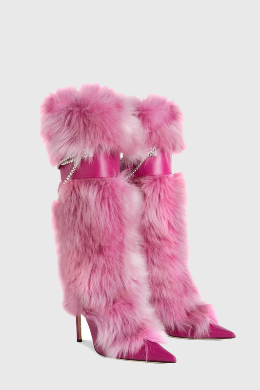Lamia Faux Fur Knee High Boots - Pink