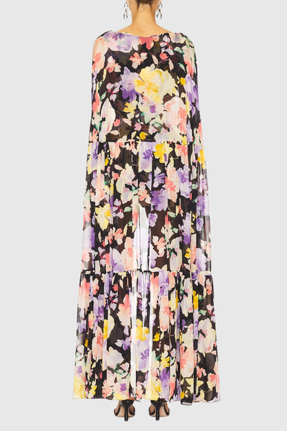 Lapis Floral Print Cape Sleeve Mini Dress