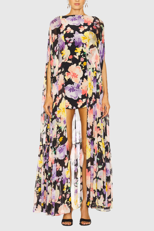 Lapis Floral Print Cape Sleeve Mini Dress