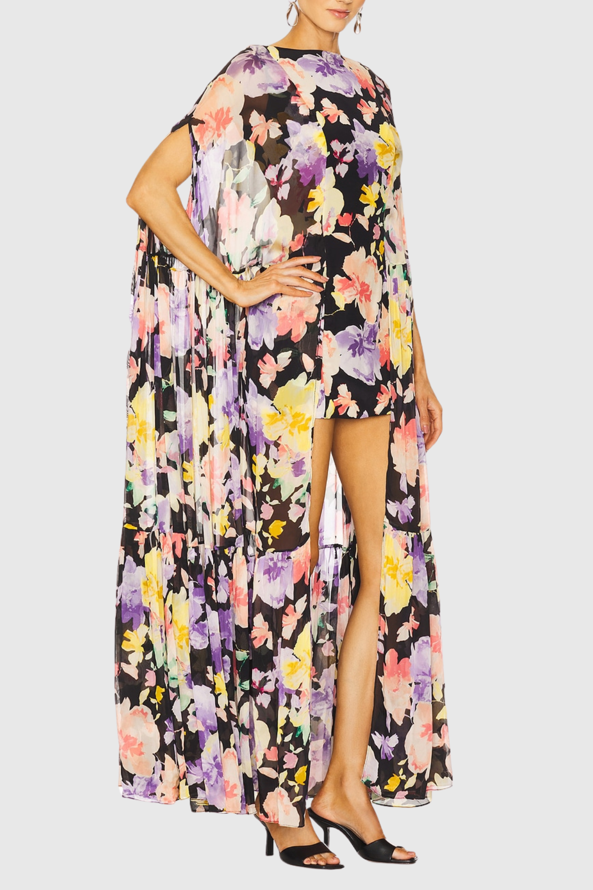 Lapis Floral Print Cape Sleeve Mini Dress