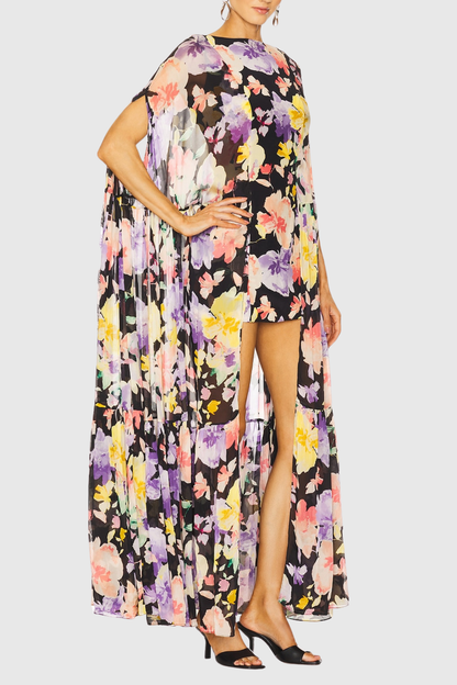 Lapis Floral Print Cape Sleeve Mini Dress