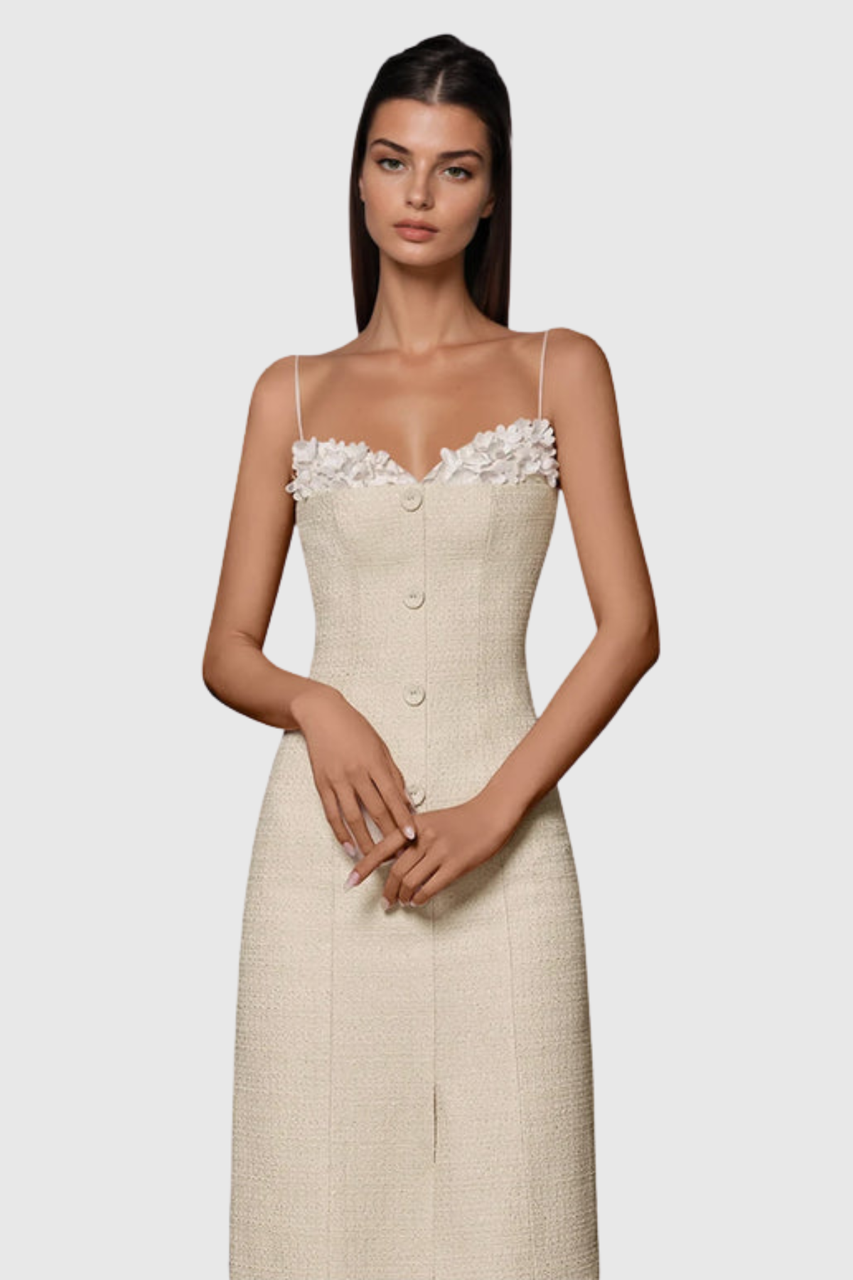 Larose Floral Tweed Midi Dress - Beige