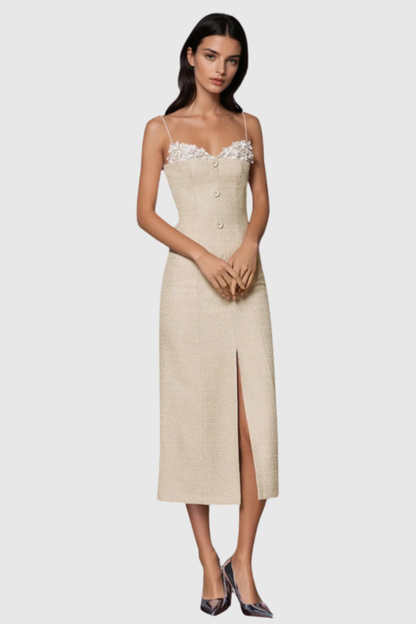 Larose Floral Tweed Midi Dress - Beige