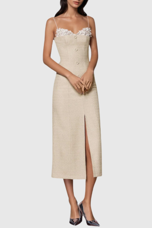 Larose Floral Tweed Midi Dress - Beige