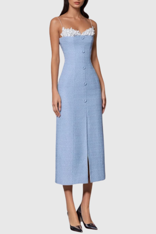 Larose Floral Tweed Midi Dress - Blue
