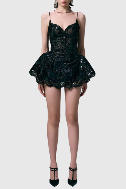 Larsa Sequin Lace Mini Dress - Black