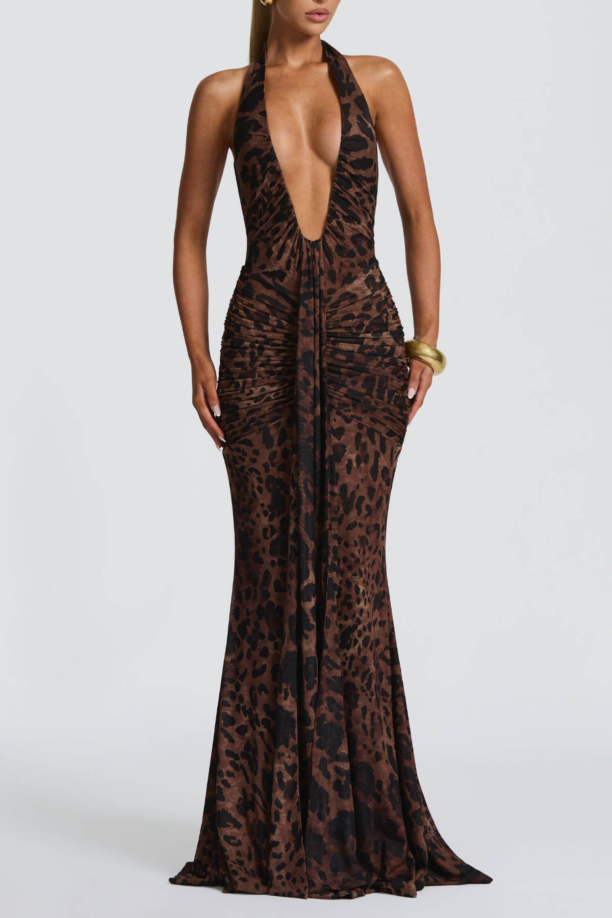 Lasma Halter Leopard Draped Maxi Dress