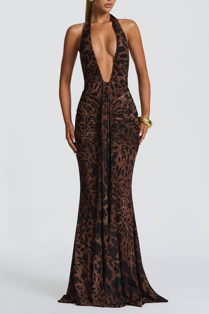 Lasma Halter Leopard Draped Maxi Dress