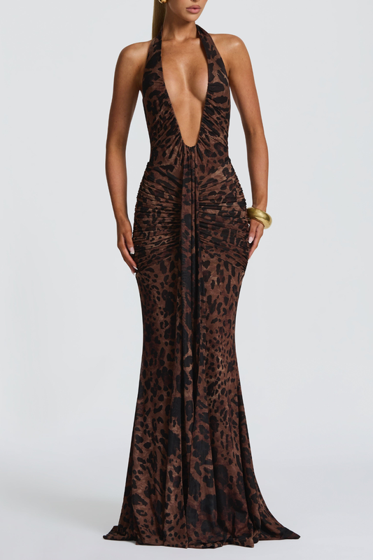 Lasma Halter Leopard Draped Maxi Dress