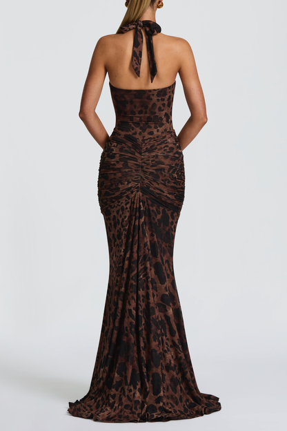 Lasma Halter Leopard Draped Maxi Dress