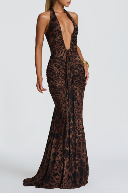 Lasma Halter Leopard Draped Maxi Dress