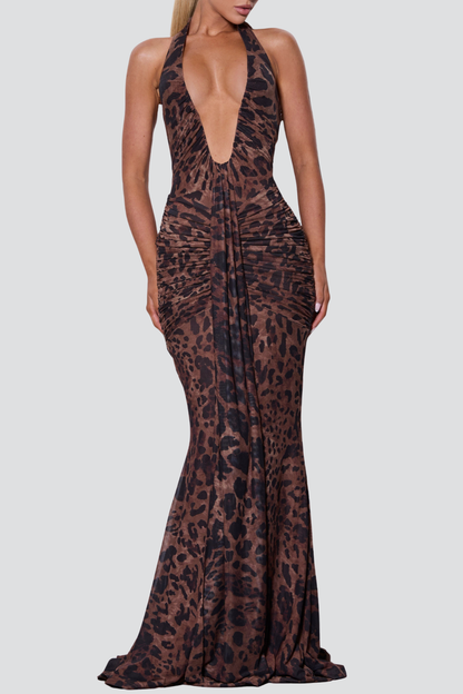 Lasma Halter Leopard Draped Maxi Dress