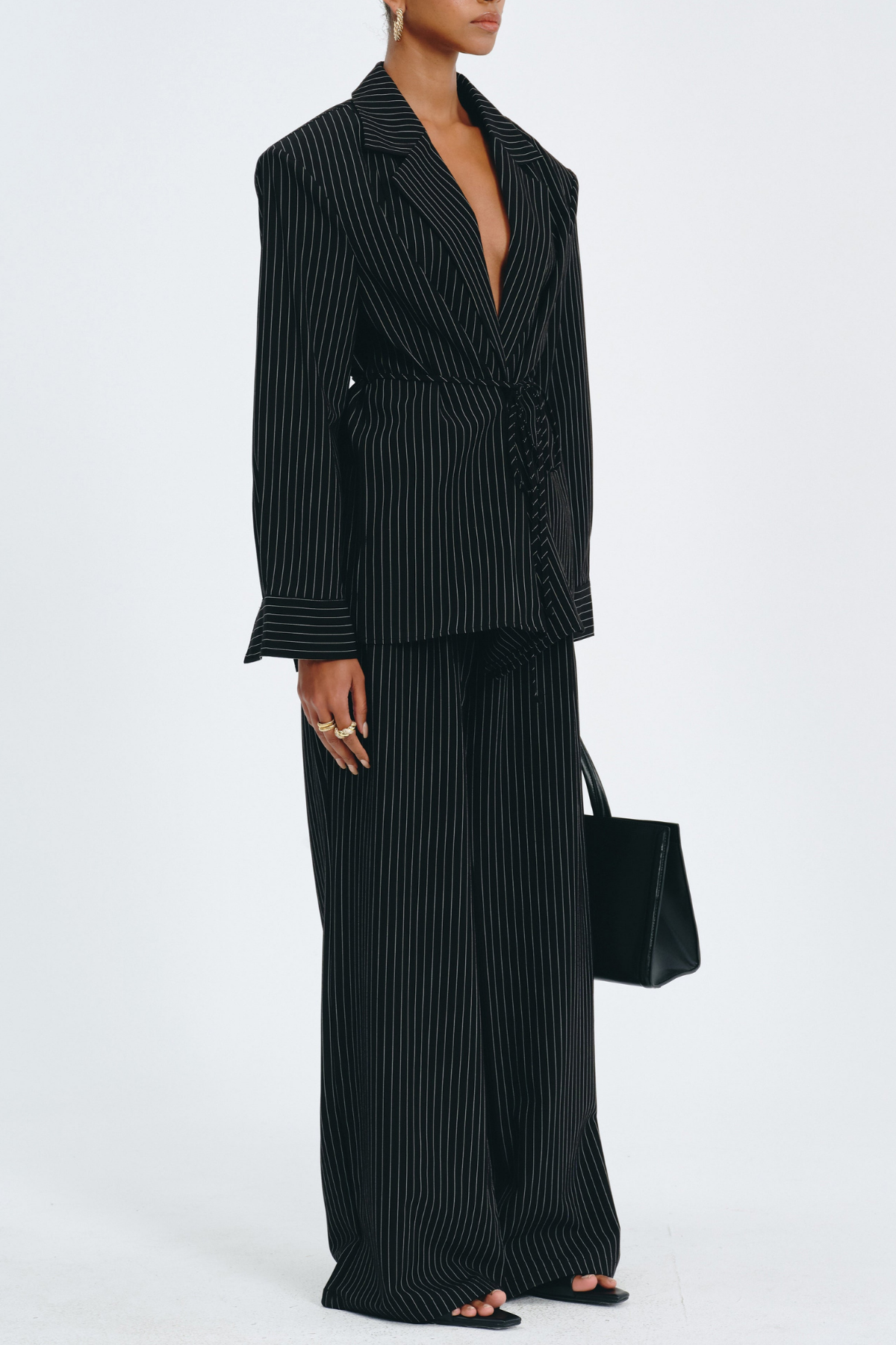 Latifa Stripe Belted Blazer - Black