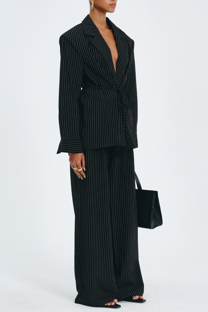 Latifa Stripe Belted Blazer - Black