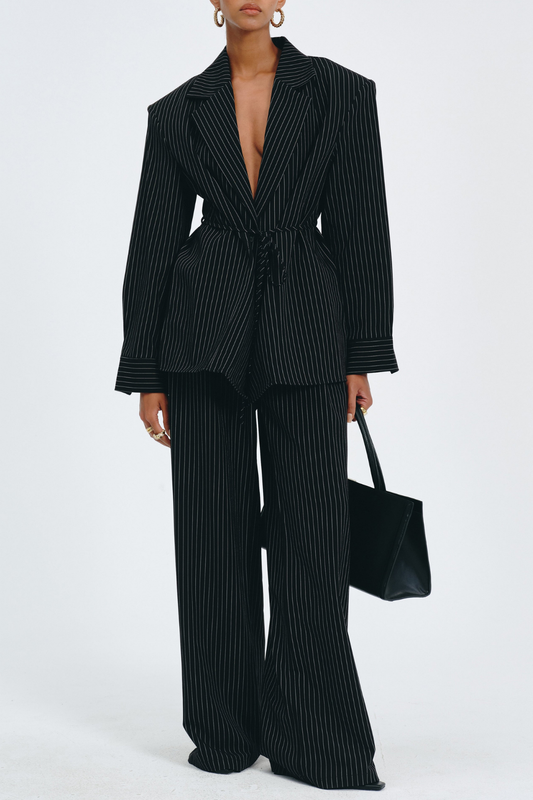 Latifa Stripe Belted Blazer - Black