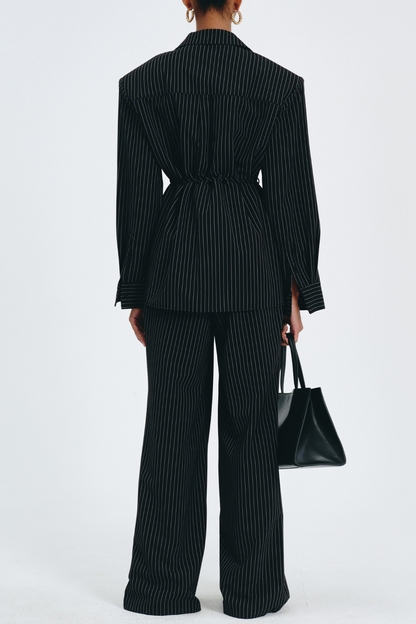 Latifa Stripe Belted Blazer - Black