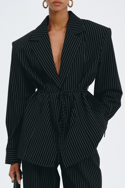 Latifa Stripe Belted Blazer - Black